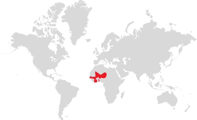 Karta med Väst och Centralafrika markerat