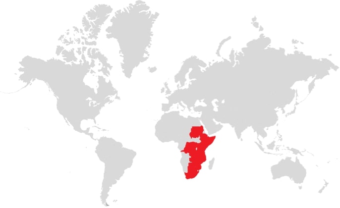 Karta med Östra och södra Afrika markerat