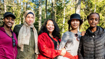 Fem mammor som står i skogen.